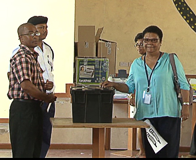 Seychelles' first female presidential candidate Alexcia Amesbury votes on Praslin island