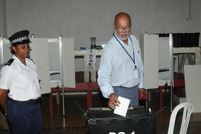 Seychelles presidential candidate Patrick Pillay votes at Port Glaud saying the process is 'calm and peaceful' so far